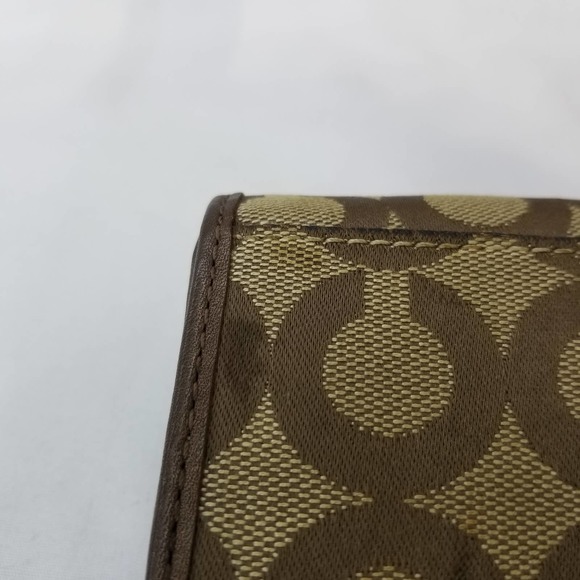 Coach Bifold Jacquard Fabric Wallet Logo CC Brown Tan Cinching - Picture 8 of 12